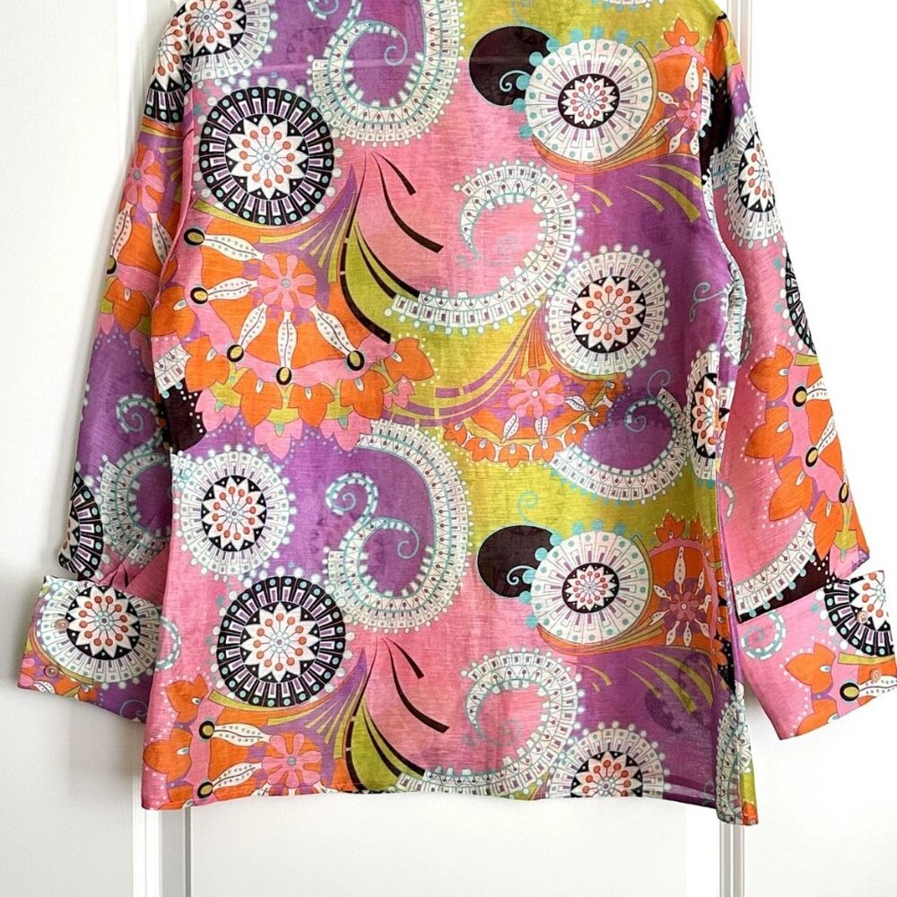 ALEXIS Pink Multi Paisley Floral Linen Silk Long Sleeve Button Up Shirt Size S - Picture 6 of 7